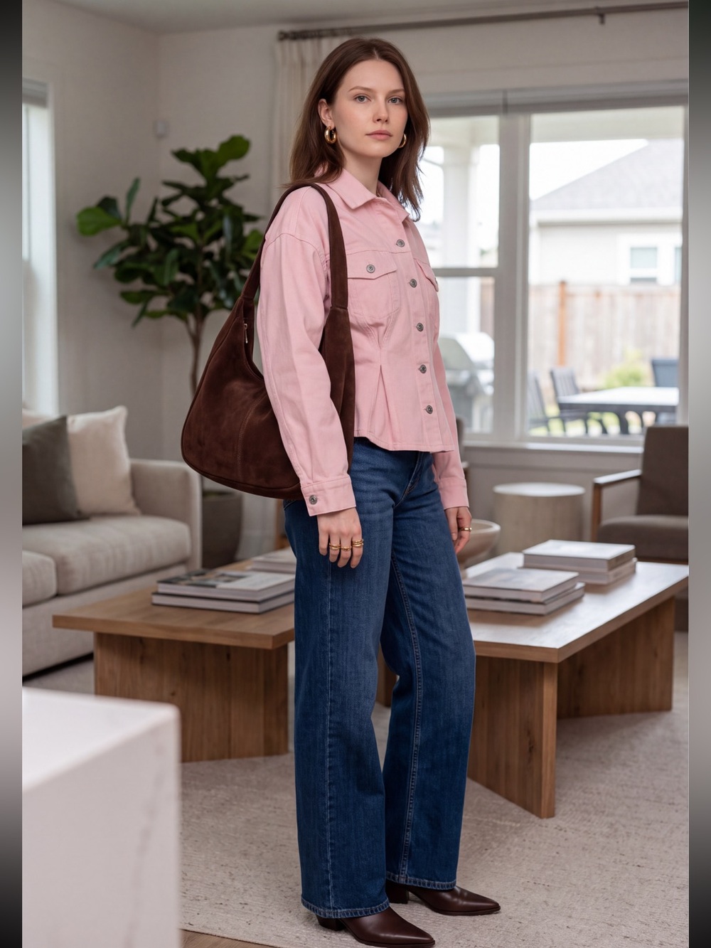 Vici Blush Pink Denim Jacket tailored silhouette by a prominent Vertical Tuck